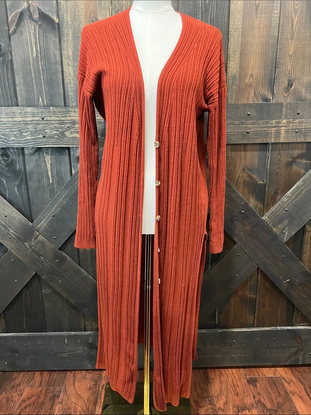 Free People Ribbed Duster Cardigan Sweater M Orange Brown Longline Boho Lounge